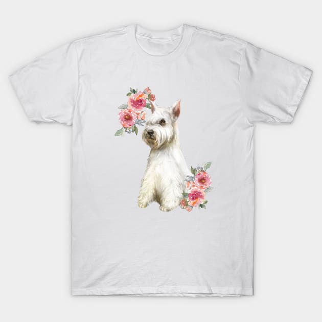 Cute White Schnauzer with Flowers Watercolor Art T-Shirt by AdrianaHolmesArt